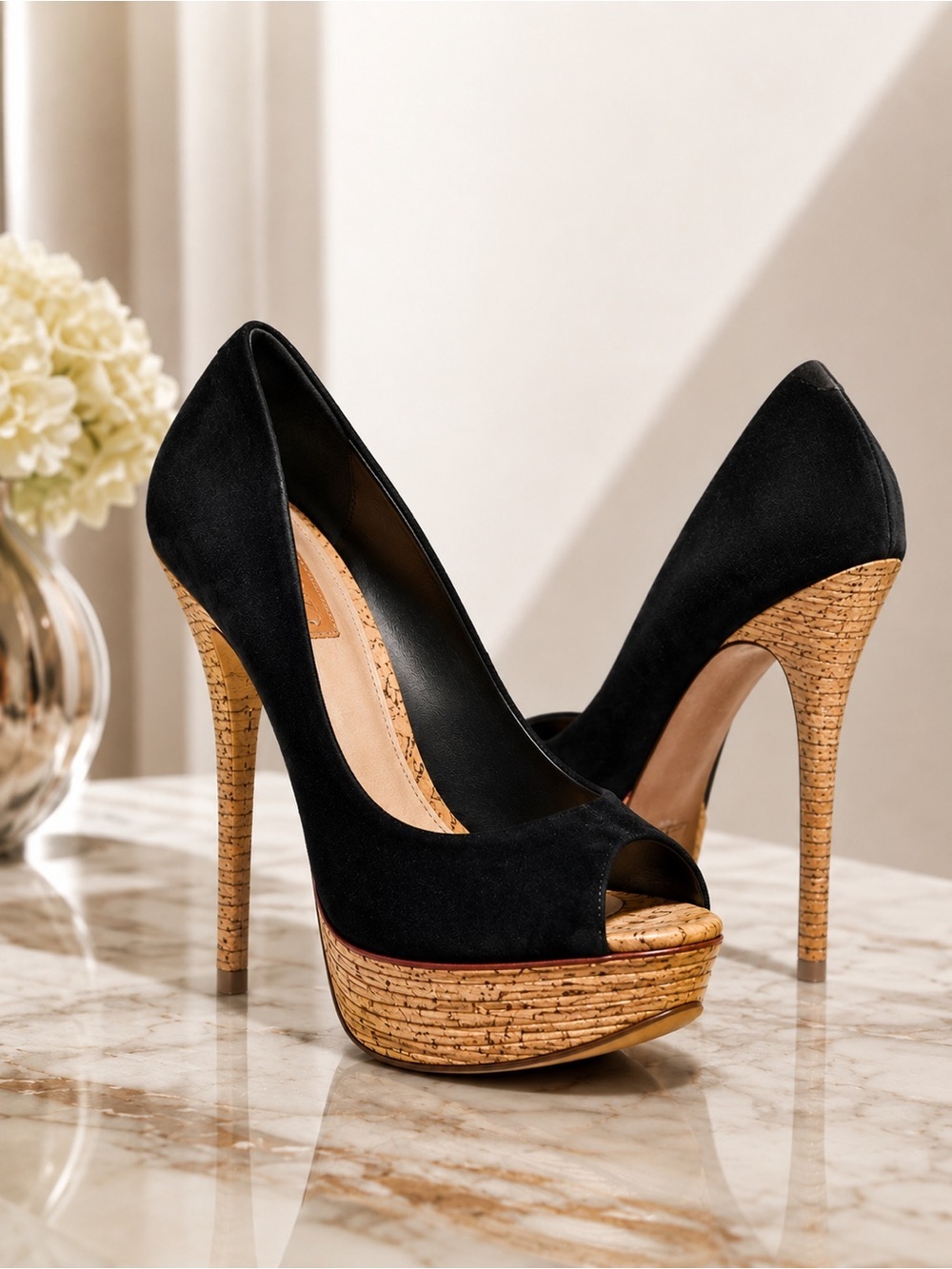 Schutz Black Suede Peep-Toe Platform Stiletto Heels Cork Bamboo Texture Sz 10 - Picture 2 of 13